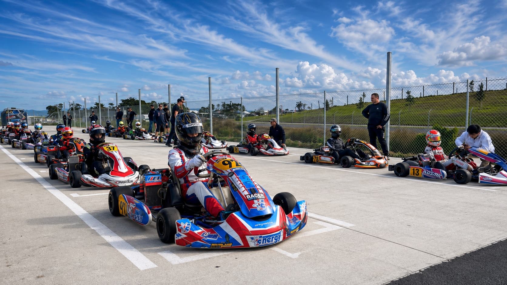 Karts lined up on the grid before a club race day